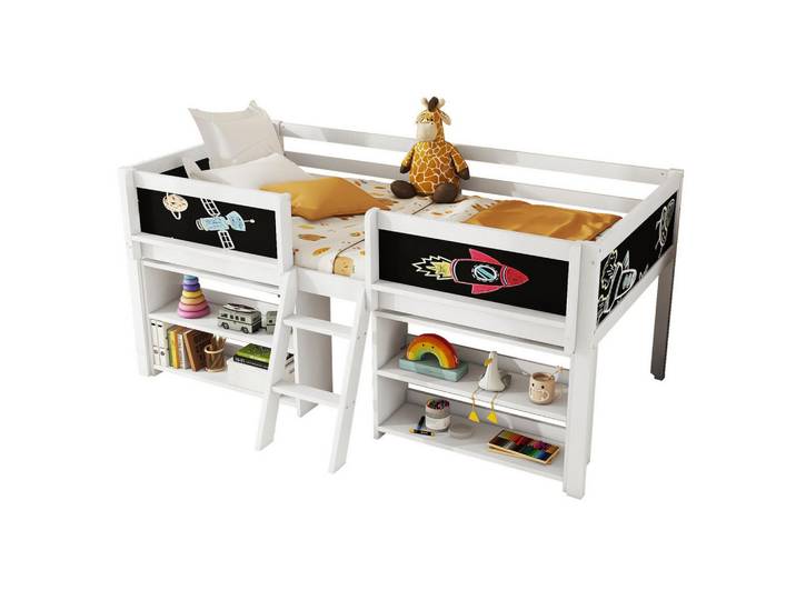Redom Kinderbett Kindereinzelbetten 90/200 cm mit Stauraum, Sicherheitsgeländer und Zeichentafel, Weiß, 90x200 cm, Schlafzimmer, Betten