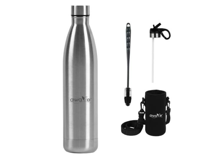 AWAVE Recycelte Edelstahl Trinkflasche 750 ml Doppelwandig Isolierte Thermo Flasche Isolierkanne Kohlensäure geeignet Auslaufsicher, für Schule Kindergarten Büro Reisen, Edelstahl Matt