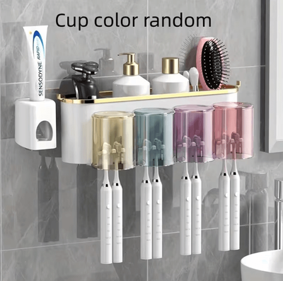 Uplift Curations Toothbrush Holder With Squeezer Perforation Free Bathroom Shelf And Mouthwash Cup Organizer four With Squeezer