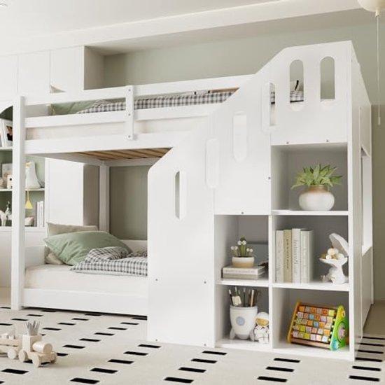 Kinder Hochbett 90x200 cm mit Falltür und Aufbewahrungsraum - Hochbett mit Sicherheitsfall und Holzbettgestell für zwei Kinder - Weiss