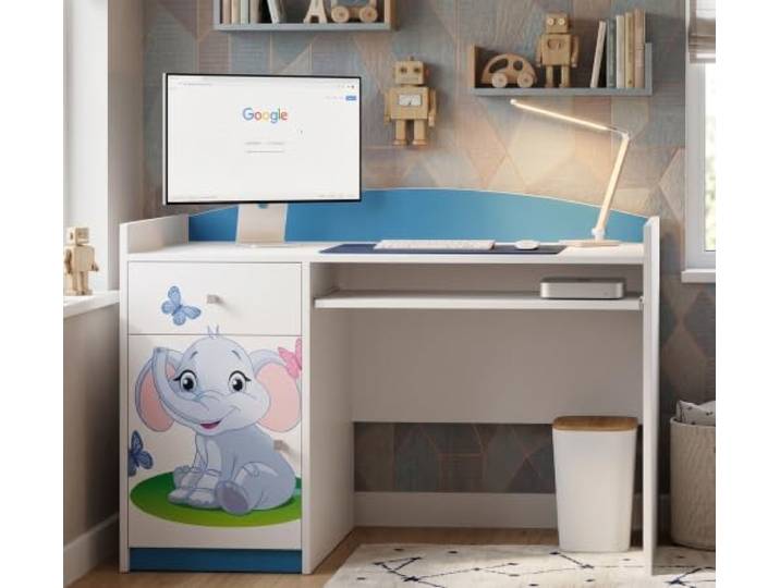 Happy Babies Kinderschreibtisch Schülerschreibtisch Blau Großer Lerntisch mit viel Stauraum Schubladen mit Motiv