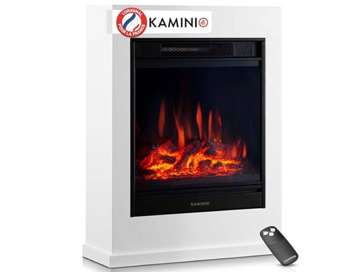 KAMINIO® Cheminée électrique à Poser avec Chauffage [Blanche\, Kalle] Cheminée décorative chauffante avec effet de flamme\, LED feu à 5 niveaux de luminosité\, manteau et télécommande