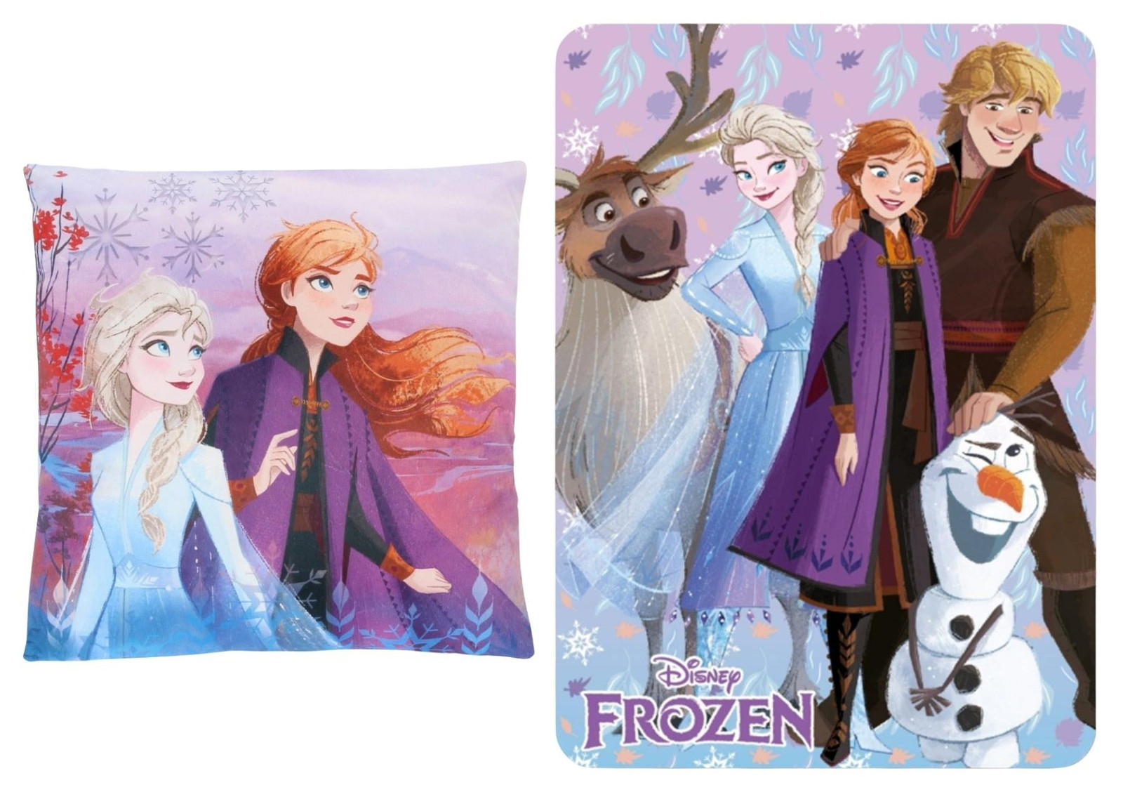 Unyqoos Disney Frozen fleece deken met kussen kinderslaapset - paars/blauw met Elsa, Anna, Kristoff, Sven & Olaf