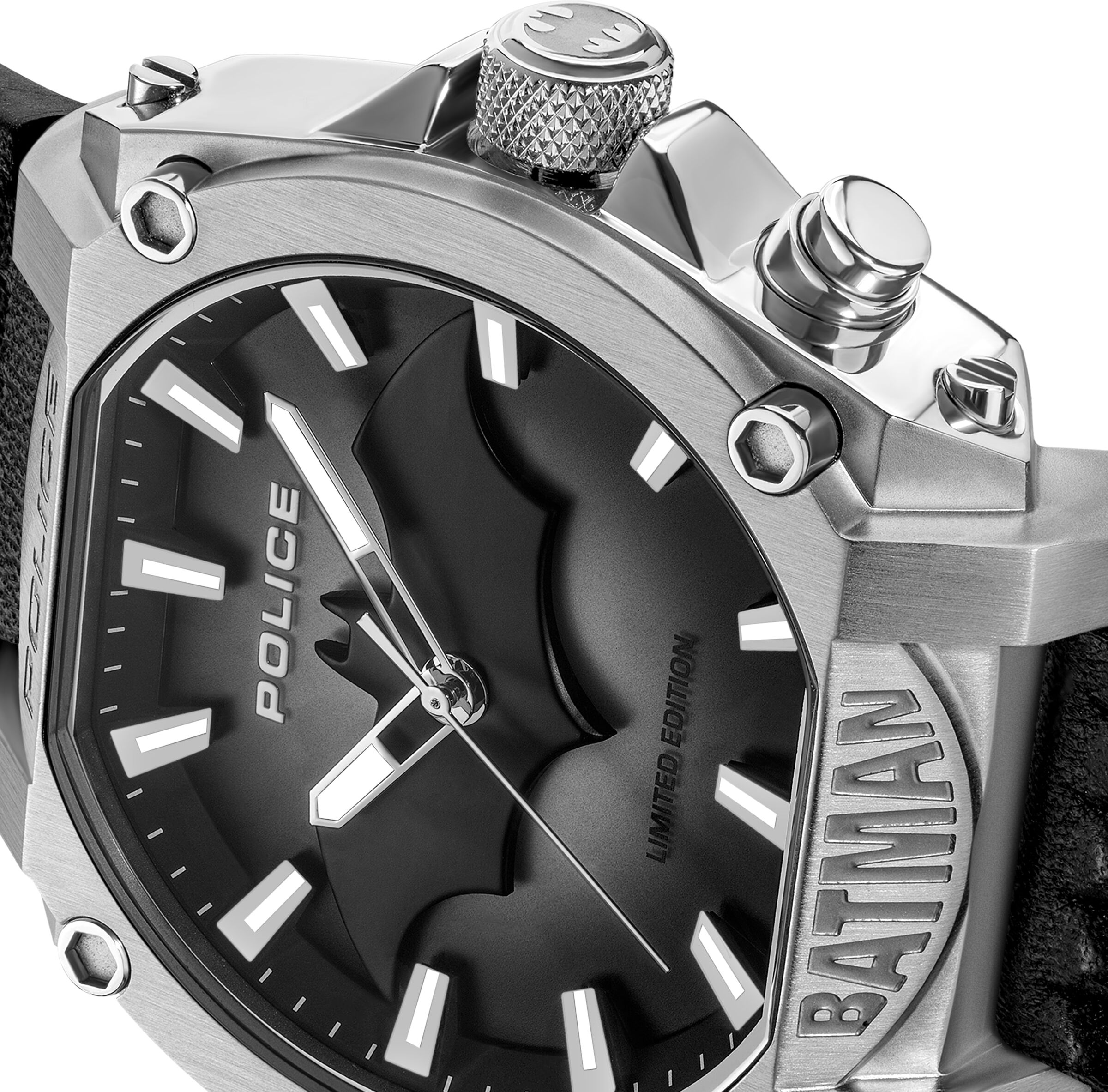 Quarzuhr POLICE "Batman", schwarz, Armbanduhren, Herren, Quarzuhr, Armbanduhr, Herrenuhr, Lederarmband, analog