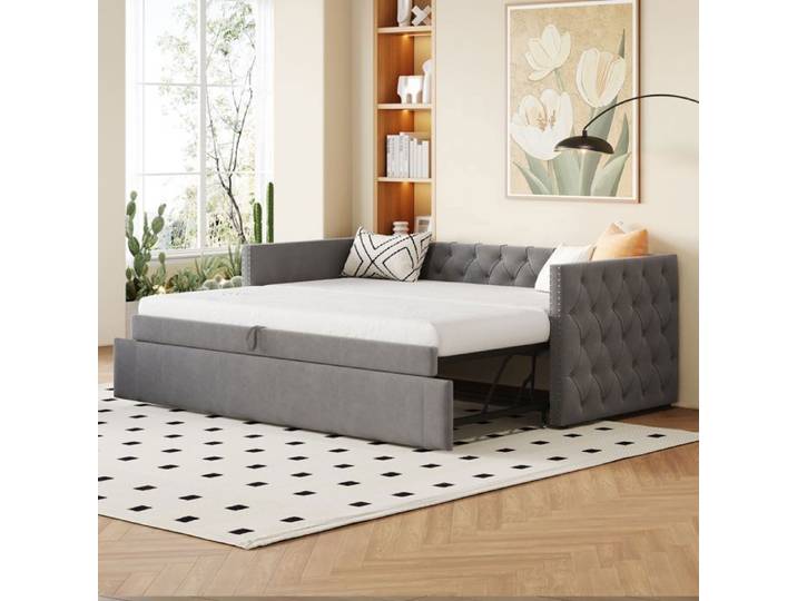 lit gigogne SEYAKANY 90 x190/ 200 cm canapé-lit lit multifonctionnel avec sommier à lattes velours gris