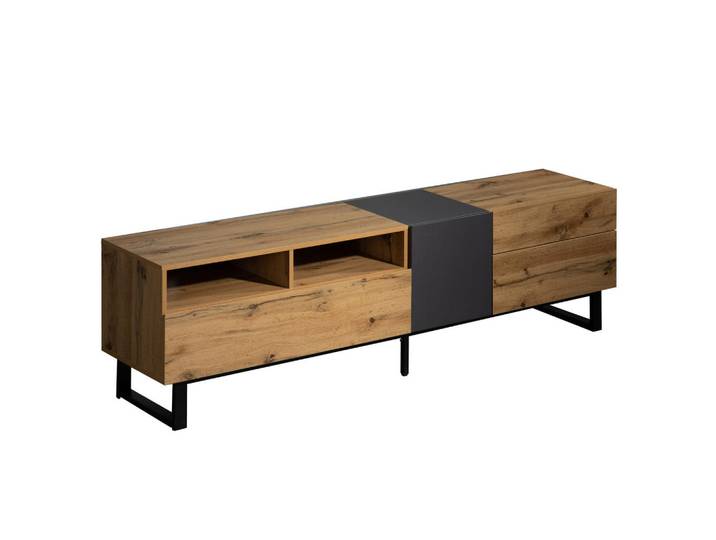 ComfortXL Lowboard De-40569 2 Schubladen und 2 Türen mit Push-to-Open Eiche, Naturfarben, 180x35x45.5 cm, Wohnzimmer, TV Möbel, Lowboards, Lowboards stehend