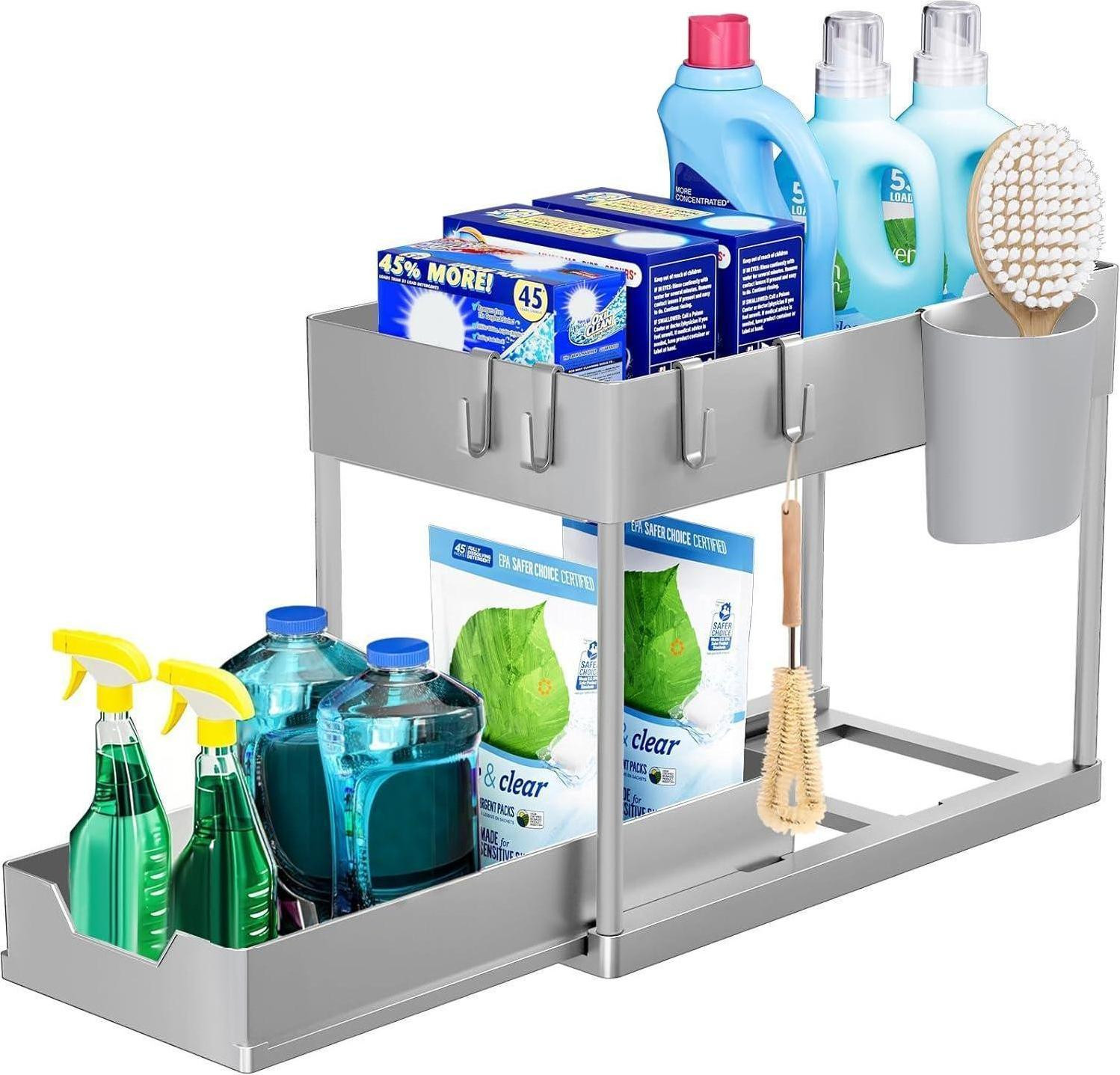 Puricon Onderkast voor wastafel, 2 etages, grijs, vrijstaand organizer voor aanrecht of keuken