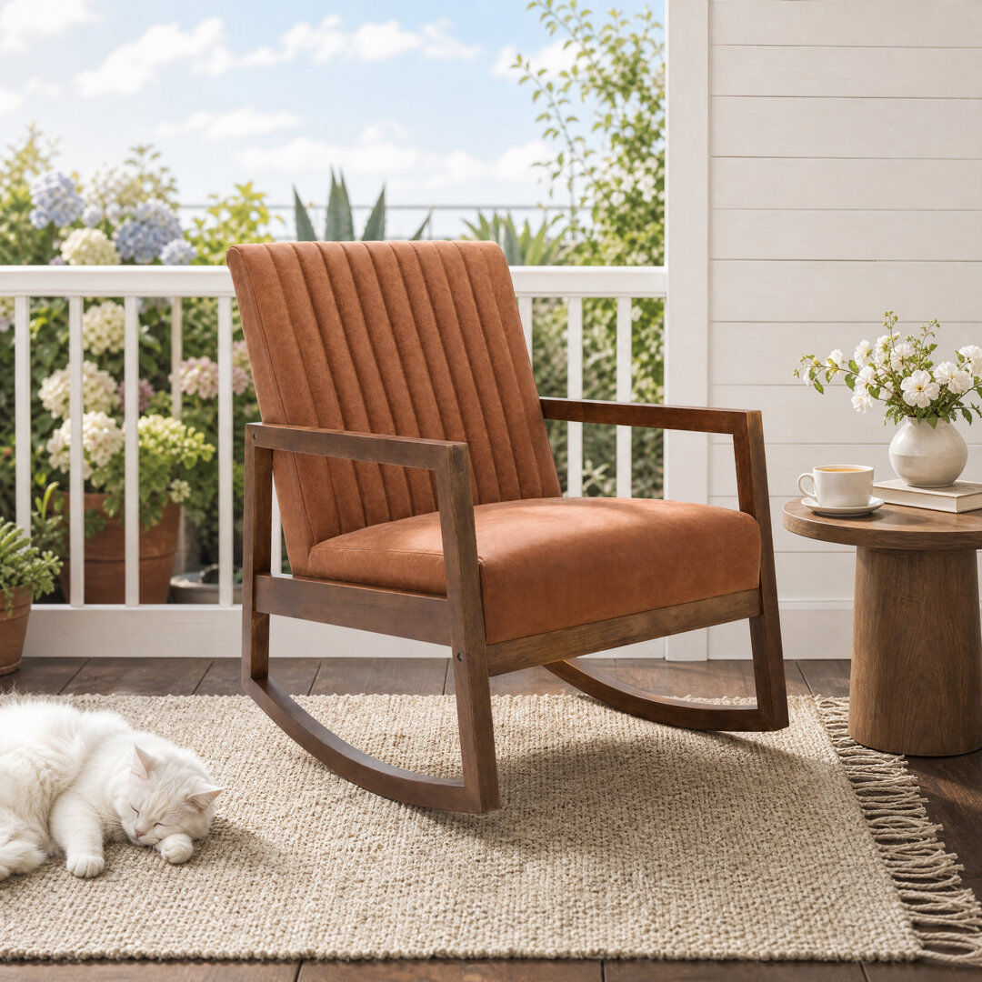 George Oliver Chittum PU Leather Rocking Chair Modern Accent Chair Upholstered Armchair with Solid Wood Frame Brown 89cm H X 62.5cm W X 86cm D