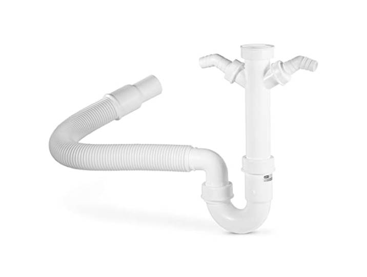 Xavax Flexibler Röhrensiphon (für Küchenspüle, Waschmaschine und Spülmaschine, 1 1/2 Zoll, 2 Siphon-Geräteanschlüsse 1 Zoll (2,54 cm) und 2 Geruchsverschlüsse) weiß