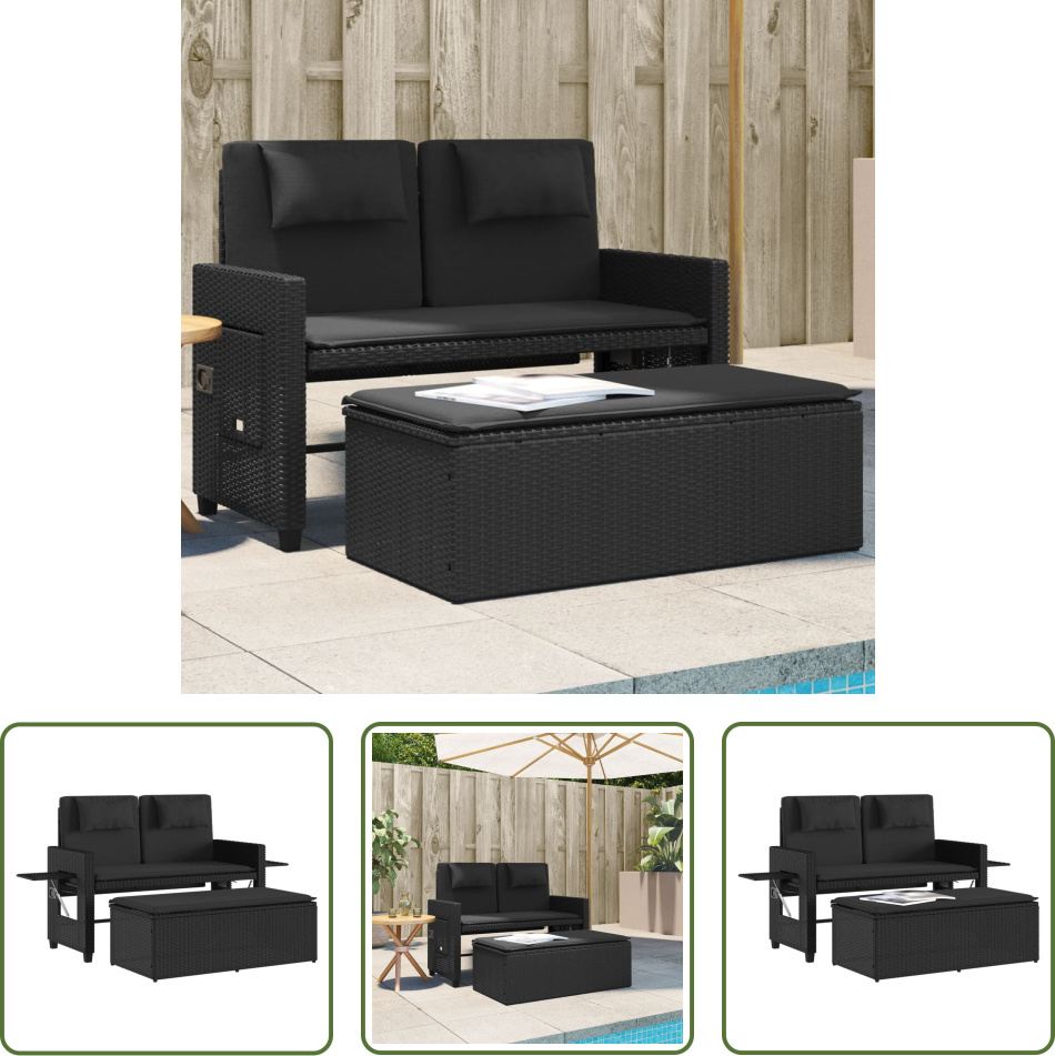 The Living Store Gartenbank Verstellbar mit Kissen Schwarz Poly Rattan