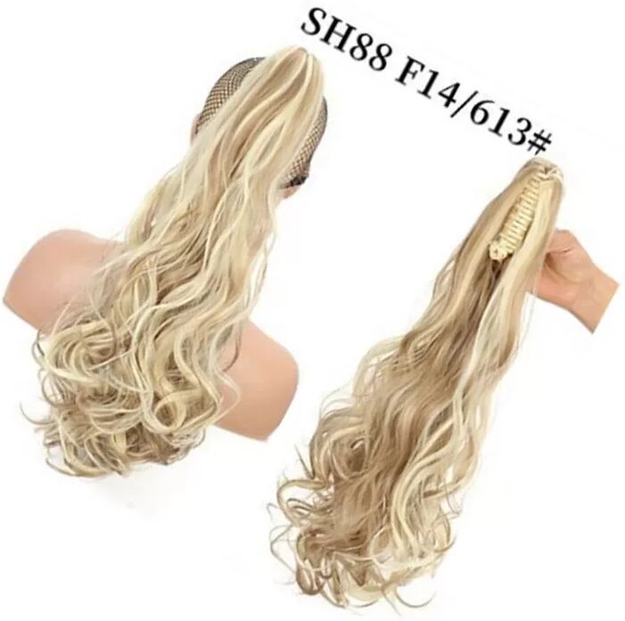 INF Kompatibel mit Pferdeschwanz Haarteil mit Clip, lang gewellt, hitzebeständige Fasern, natürliches Blond, 60cm Modell 3
