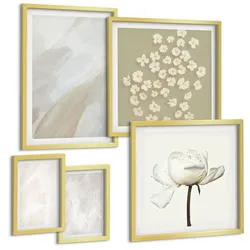 BILDER SET 5er Set - 50x50 cm & 20x30 cm & 40x60 cm Goldrahmen - Blumen, modische Boho-Texturen