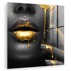 ACRYLGLASBILD Frau - Schwarz - Gold - Gesicht - Lippen 90x90 cm