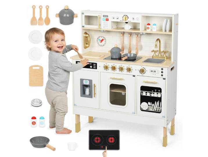 Mamabrum Cuisine interactive en bois XXL avec lumières LED et accessoires, jouet de jeu de rôle pour enfants de 3 ans et plus