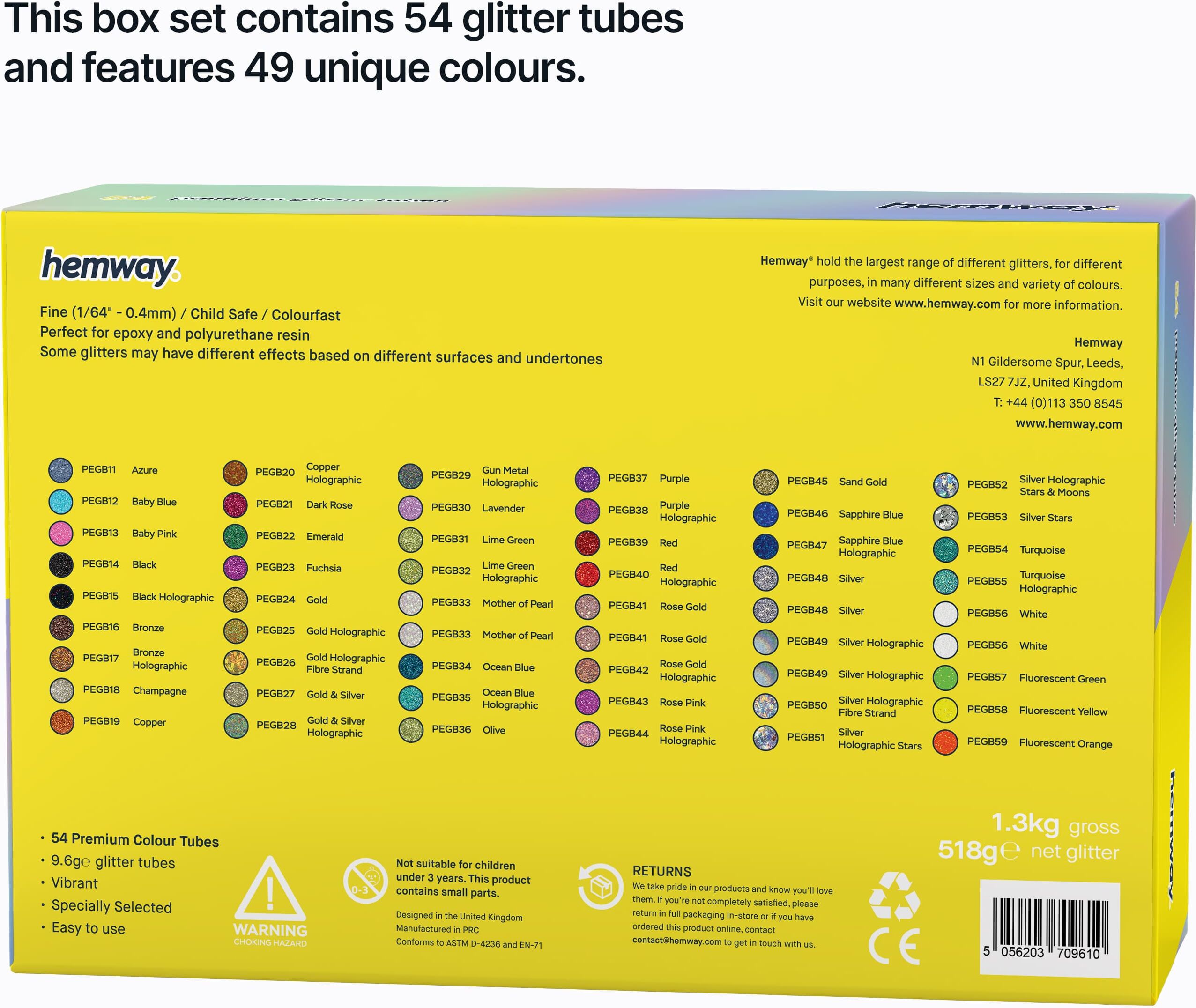 Hemway 54 Fine Glitter Tube Box Set   For Epoxy Resin   Polyurethane, Craft - 54 Pack