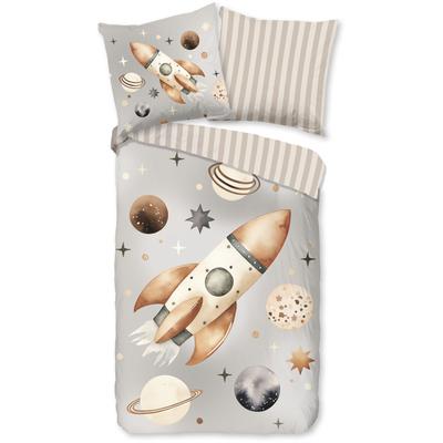 Kinderbettwäsche GOOD MORNING "Exploree", grau (hellgrau), B/L: 135cm x 200cm, 1 Stk., 1 Stk., Renforcé, B/L: 80cm x 80cm, 2 Stk., Renforcé, Obermaterial: 100% Baumwolle, Bettwäsche, Baumwolle, Renforcé, Wendeoptik, Kind, Junge, Weltall, Rakete