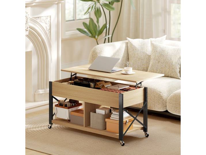 HOMCOM Table Basse Relevable Bois Naturel Blanc avec Rangement