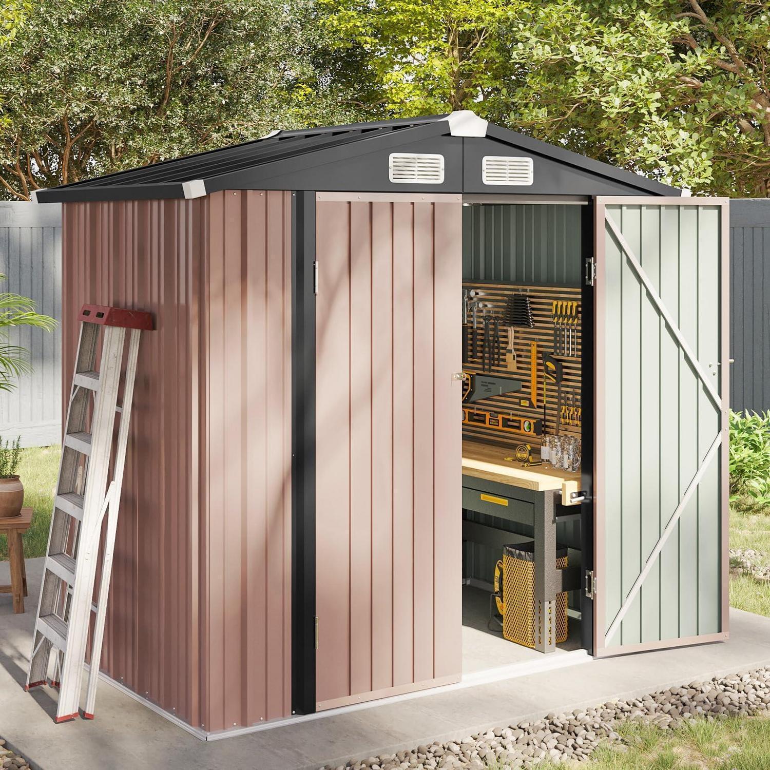Gerätehaus Metall 200x188x123cm Braun mit Fundamentrahmen Wetterfest 6x4 FT