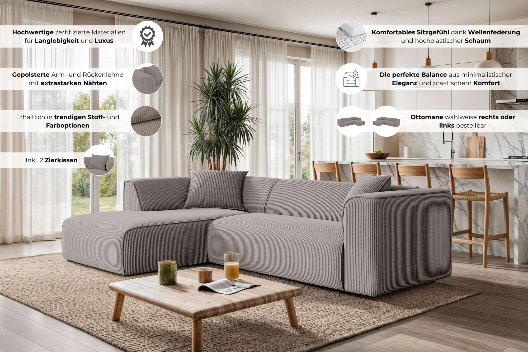 Ecksofa OTTO HOME "Merid L-Form, Sofa-Fix, B: 254 cm - OTTO. Verlässliche Qualität.", creme, B:254cm H:96cm T:160cm, 100% Polyester, Sofas, Ecksofa, Ottomane rechts/links, belastbar bis 460kg, nicht modulare Sofa