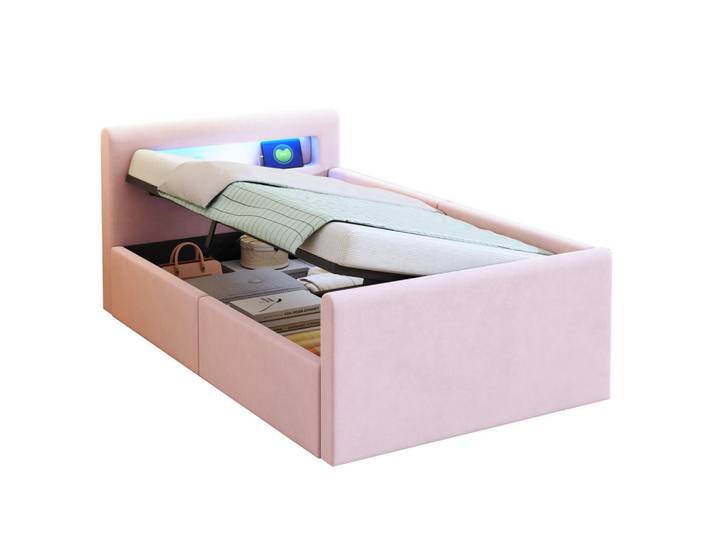Okwish Polsterbett Kinderbett 90/200 cm Rosa mit LED-Beleuchtung und USB-Ladeanschluss, 90x200 cm, Babymöbel & Kindermöbel, Kinderzimmer & Jugendzimmer, Kinderbetten