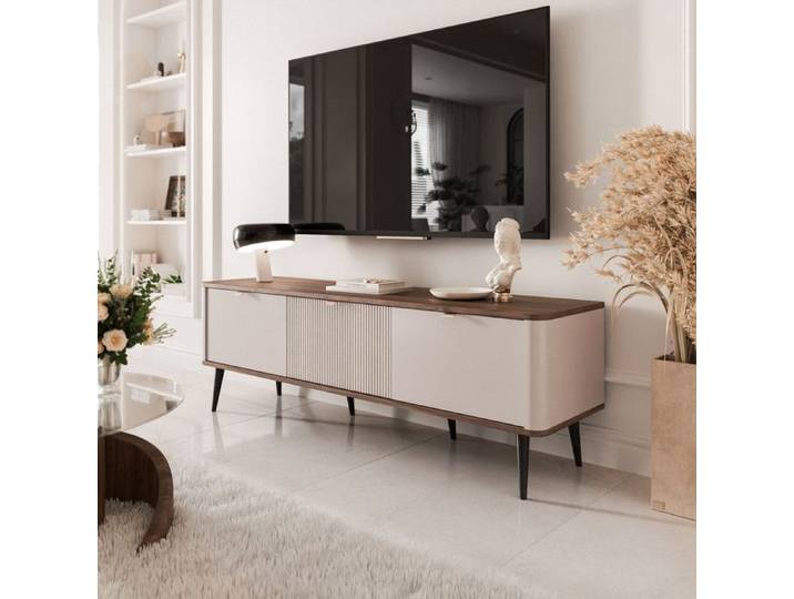 Meuble TV NAVANI - avec 3 portes - 160x40x52 cm - Cachemire/noyer