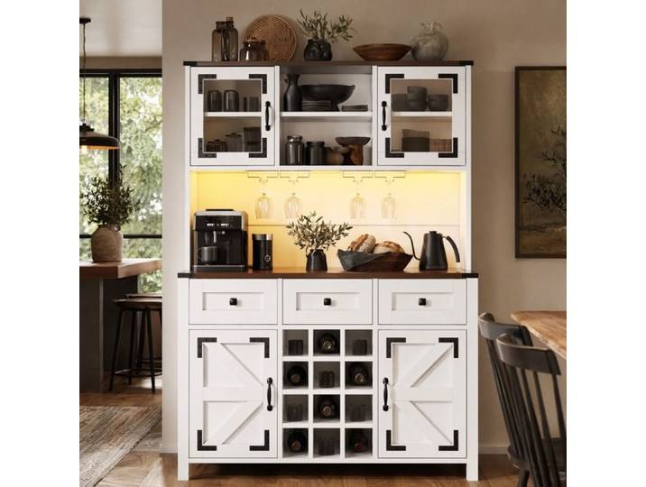 Buffet de cuisine haut avec 4 portes 3 tiroirs LED prises et ports USB - pour cuisine - blanc - 120×40×170 cm