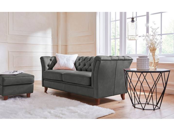 Chesterfield-Sofa, Samtoptik, Dunkelgrau, 180×88×76 cm, Mit Knopfheftung, Klassisch, Home-affaire