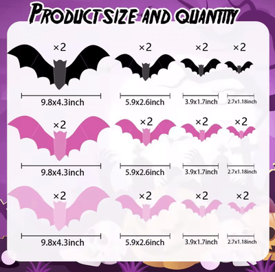 Inspire Curations 24PCS 3D Pink Halloween Bat Window Stickers Removable Wall Decals 24pcs