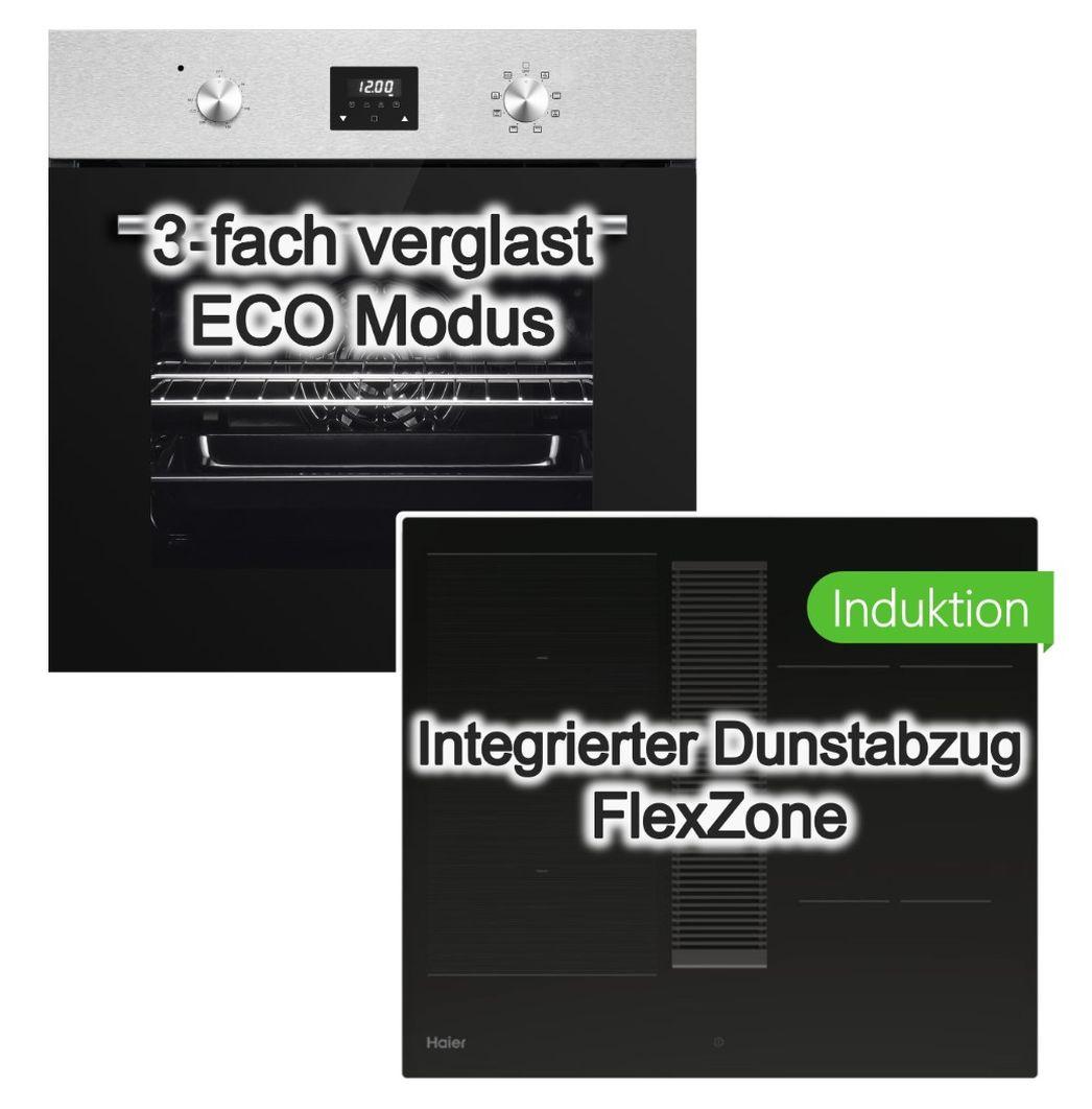 Herdset PKM Backofen 8 Funktionen Umluft ECO+ Haier Induktionskochfeld integrierter Dunstabzug Flex Zone Boost