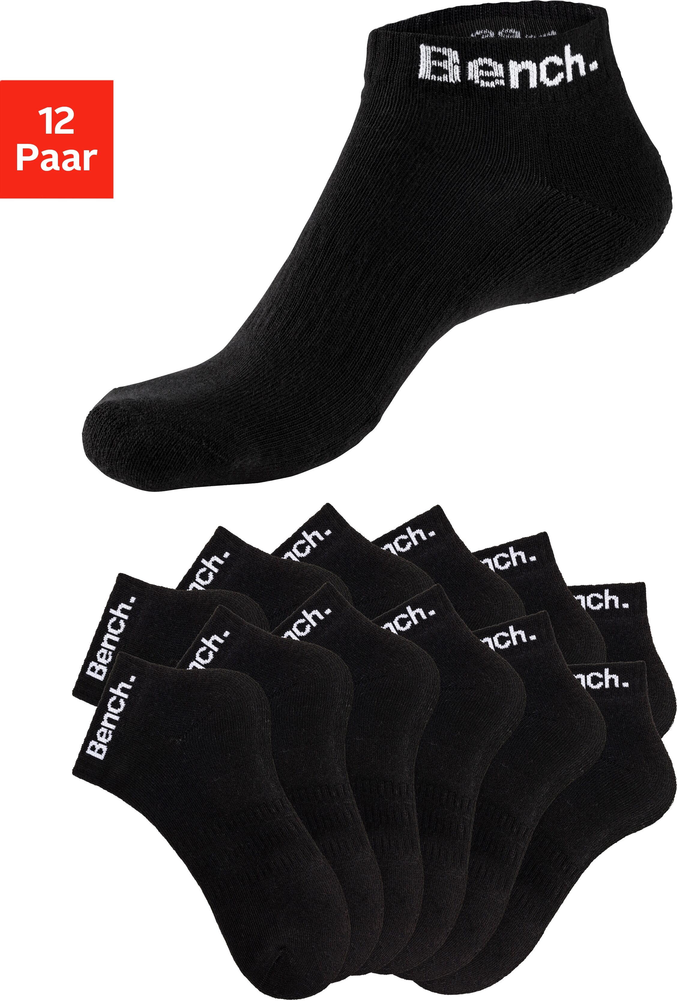 Sportsocken BENCH. "Damen Herren Tennis Kurzsocken Quartersocken", Damen, Gr. 47-48, schwarz (12x schwarz), Baumwollmischung, unifarben, elastisch, Socken Sportsocken, mit Halbfussfrottee und Mittelfussgummi 12x schwarz 47-48