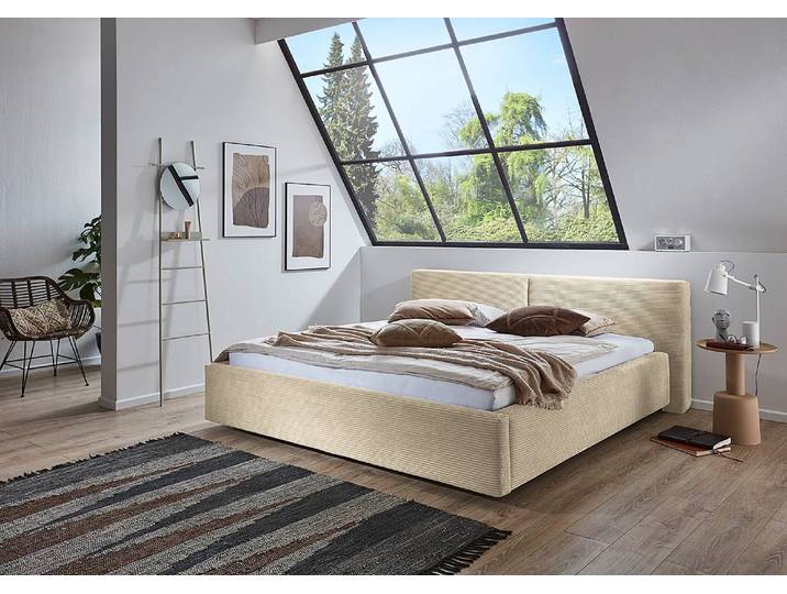 Polsterbett 180 x 200cm Cordstoff Poppy Beige ohne Stauraum Eiche