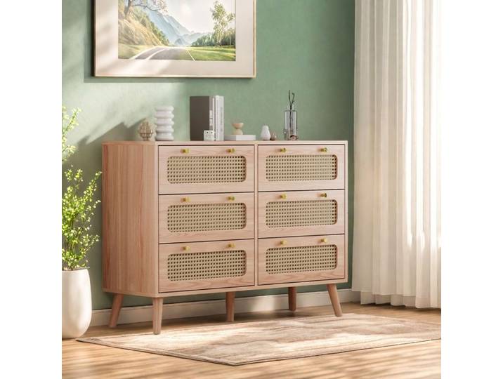 Commode 6 tiroirs Commode en Rotin Commode Chambre Cannage Meuble de Rangement en Bois Meuble en Rotin en Bois 34x100x73cm