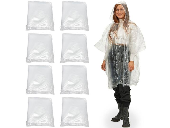 8er-Set Notfall Regenponcho mit Kapuze und Ärmeln, transparent, ca. 120cm