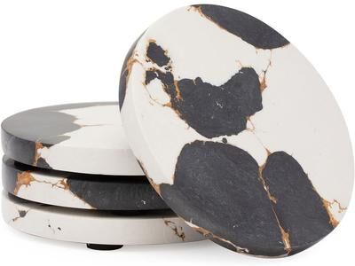 CounterArt "4 Pack Black & Gold Round Resin Coasters 4.75"" Round Heat Tolerant Protects Surfaces Easily Wipes Clean"