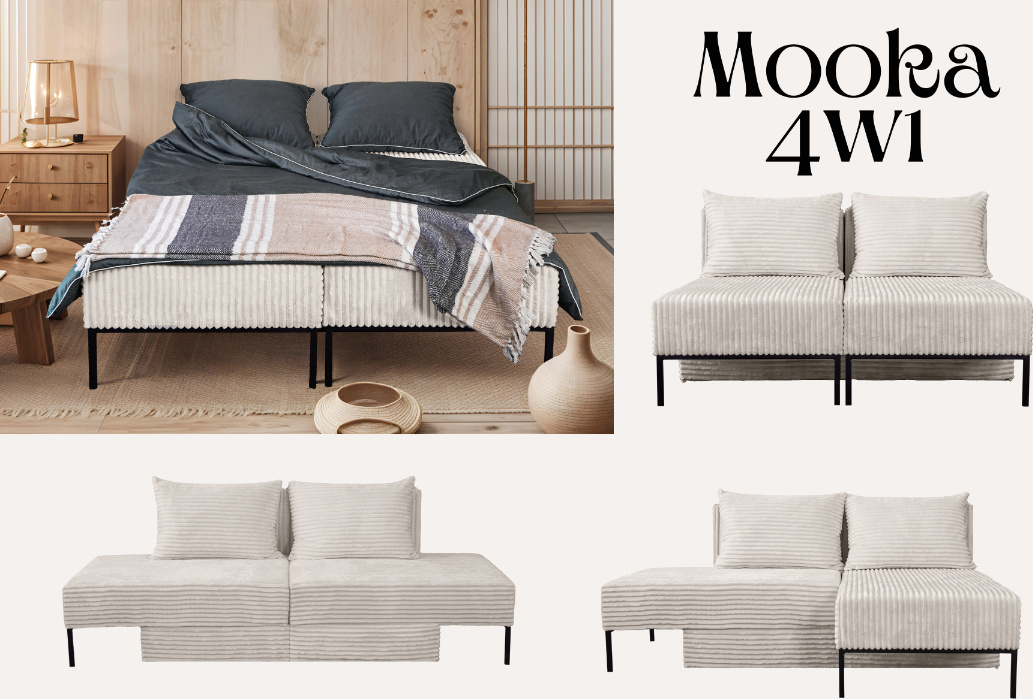 Kaiser Möbel Betten, Sofa mit schlaffunktion, Ecksofa, Liegestuhl, MOOKA 4in1-Multifunktions-System, stoff Velo Ecru