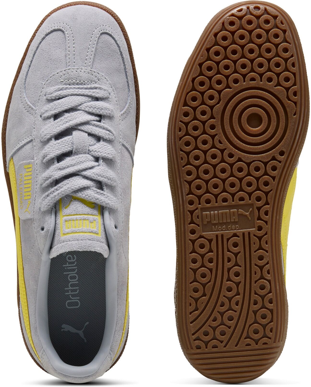 Sneaker PUMA "PALERMO", Damen, Gr. 37, Synthetik, grau (vibrant silber, gum), Leder, mehrfarbig, Schuhe Sneaker, für Alltag, aus Leder, mit Schnürverschluss vibrant silber, gum 37, Synthetik
