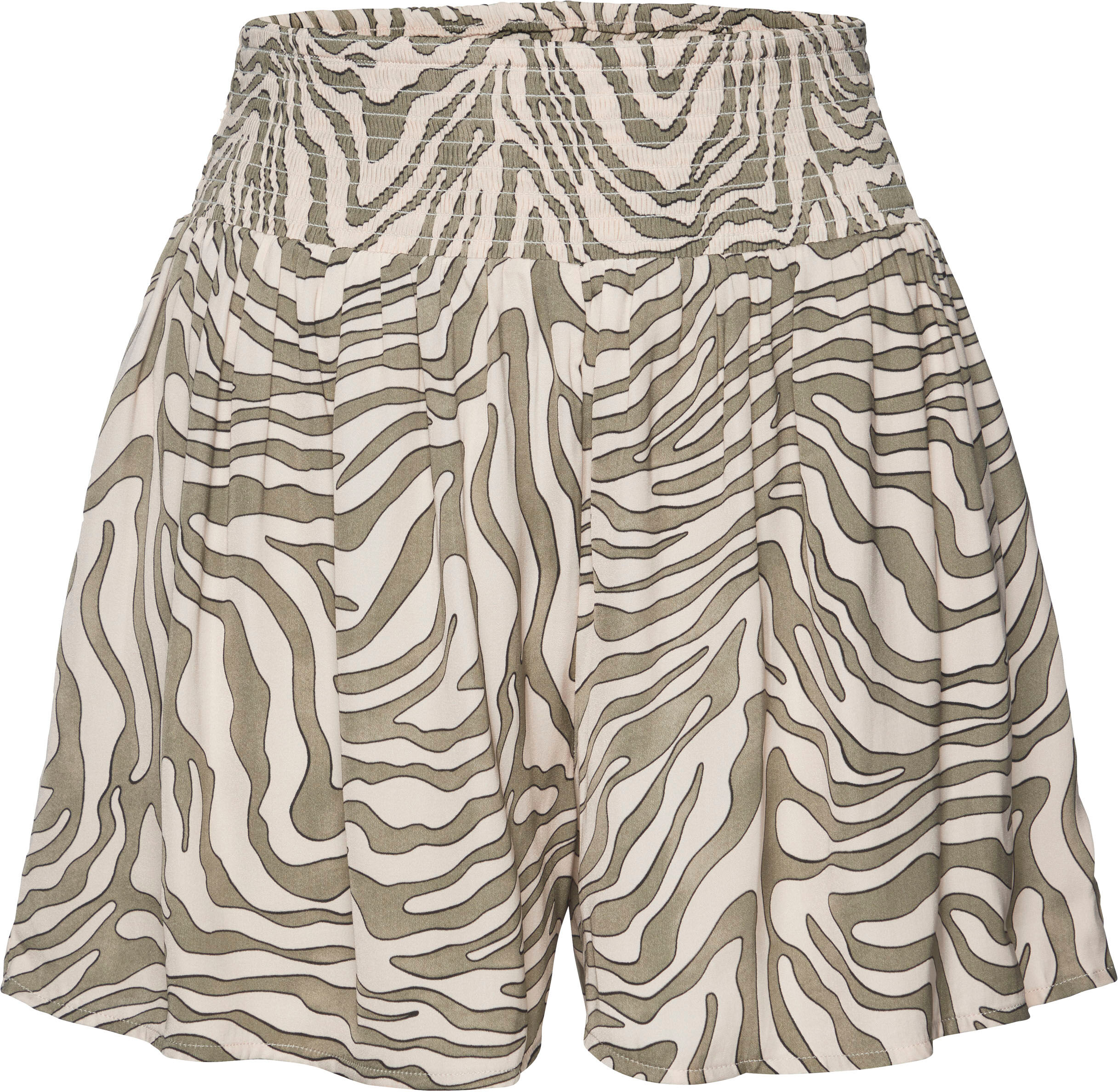 Webshorts LASCANA "aus luftig-leichter Satinqualität", Damen, Gr. 42, N-Gr, grün (khaki, beige bedruckt), Satin, Obermaterial: 100% Polyester, bedruckt, figurumspielend kurz, Hosen Webshorts, mit Animaldruck, elegante kurze Sommerhose khaki, beige bedruck