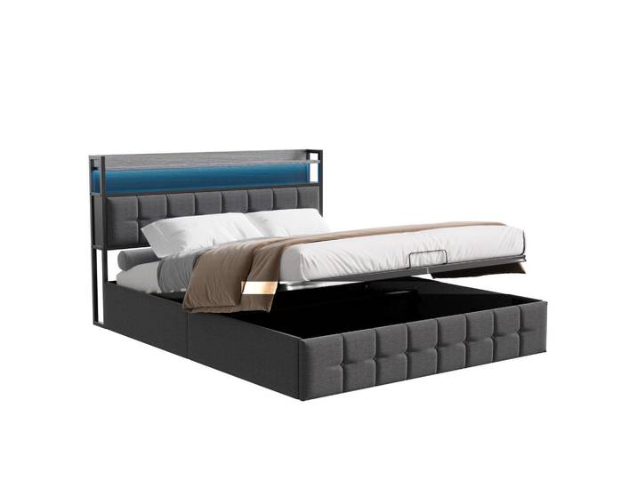 Shopentra Polsterbett 160x200 Grau Stoff EU-Stecker modern, Metall, 160x200 cm, Schlafzimmer, Betten, Polsterbetten