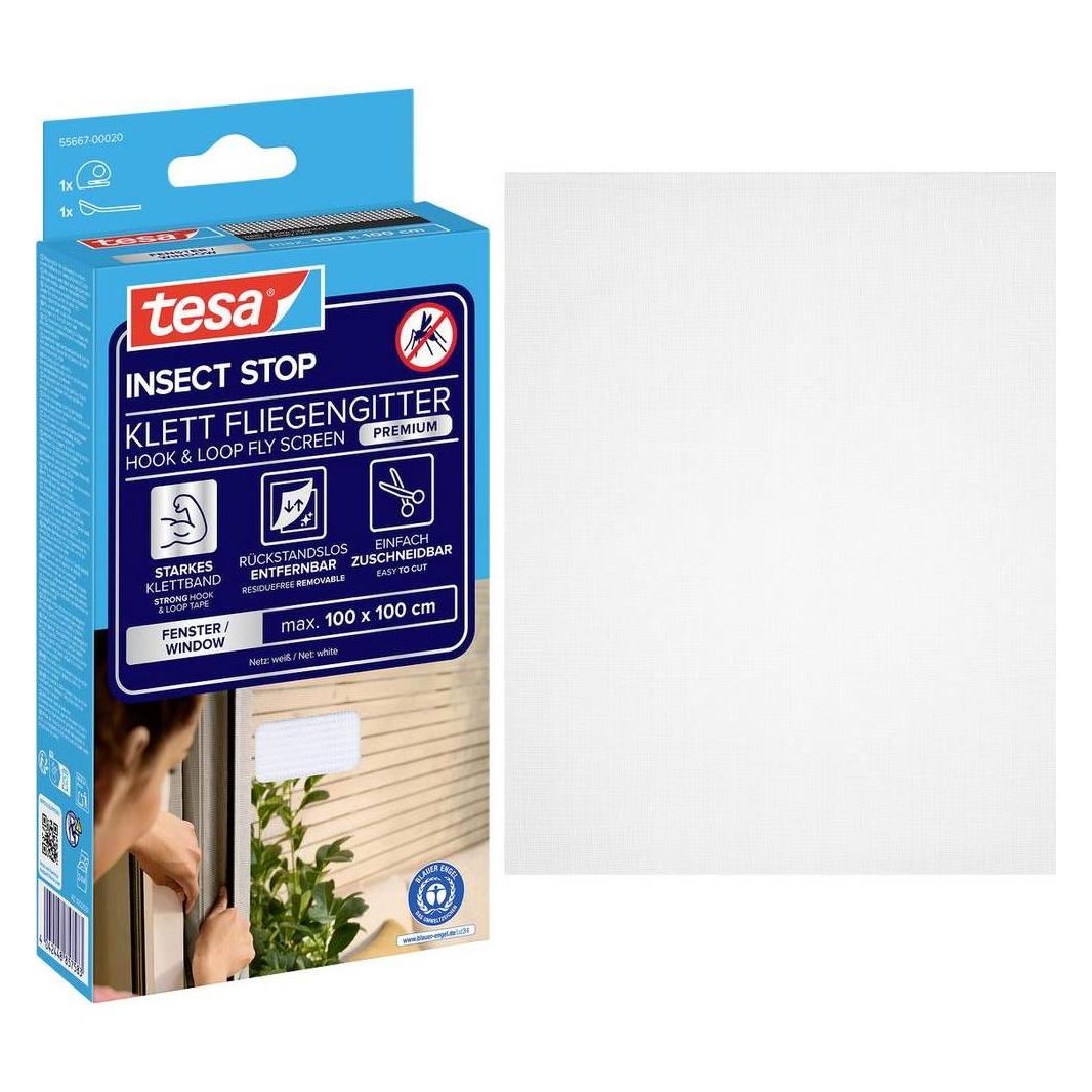 tesa Insektenschutz COMFORT für Fenster, mit Klettband, selbstklebend, ohne Bohren (100 x 100 cm) (55667-00020-00)