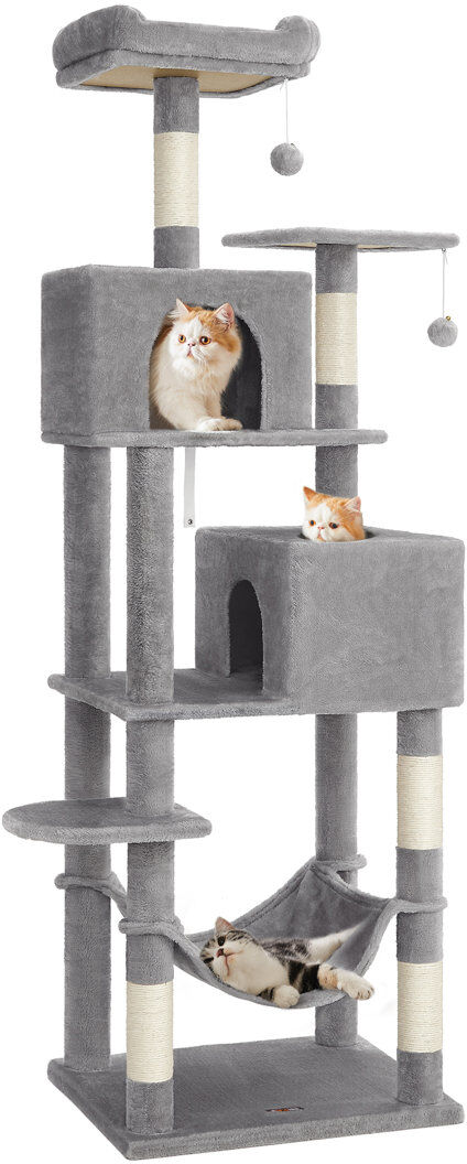 Feandrea Cat Tree, 191 cm Cat Tower for Indoor Cats, Plush Multi-Level Cat Condo with 5 Scratching Posts, 2 Caves, Hammock, 2 Pompoms, Light Grey Grey 182.1cm H X 60cm W X 50cm D