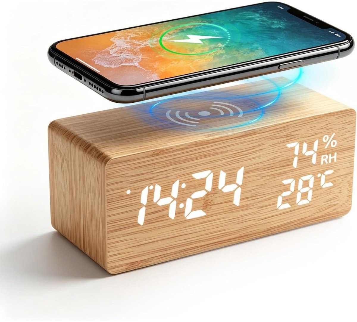 SSTRWGOOD Digitale houten wekker met draadloos oplaadstation, temperatuurweergave en spraakbediening