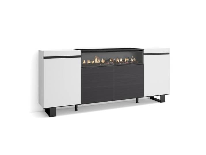 Buffet effet bois blanc et noir 200x35x87cm cheminée effet feu