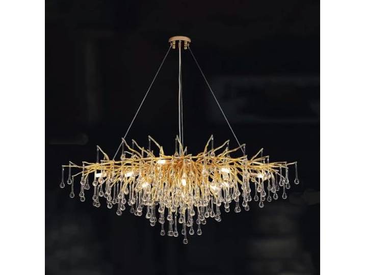 Leomix Baumzweig-Kronleuchter, L 100 cm, Gold, Luxuriöse Rechteckige Kristall-Regentropfen-Pendelleuchte, 10 Lichter, Kücheninsel-Hängeleuchte Für Wohnzimmer, Esszimmer, Foyer, Eingangsbereich