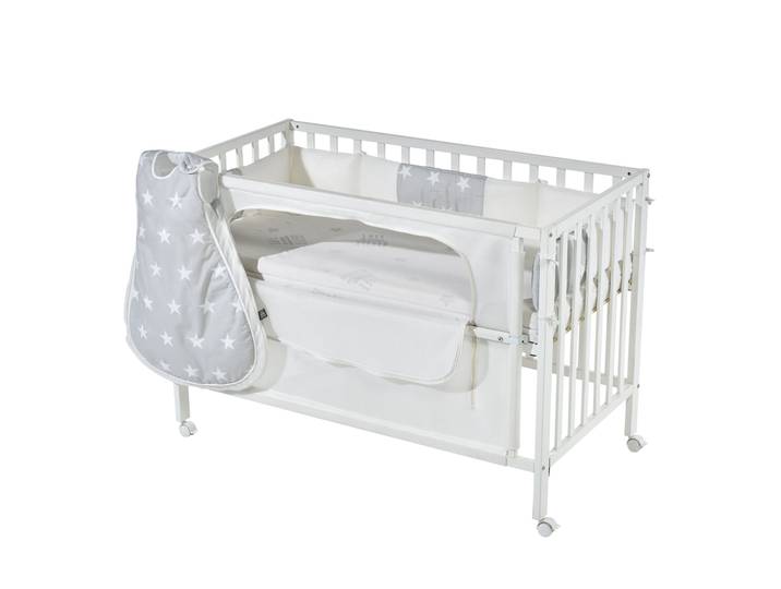 Room Bed 'safe asleep®', 60 x 120 cm, 'Sterne grau', Beistellbett inkl. Ausstattung, weiß lackiert