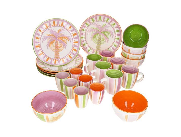 MamboCat Kaffeeservice Tropicana 24tlg Brunch Set Teller Schalen Kaffeebecher Joghurtbecher, Steingut