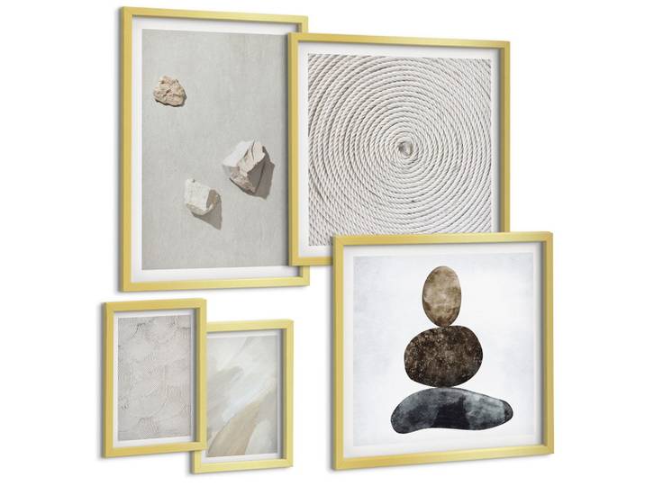 BILDER SET 5er Set - 50x50 cm & 20x30 cm & 40x60 cm Goldrahmen - Sandsteine moderne Farbe