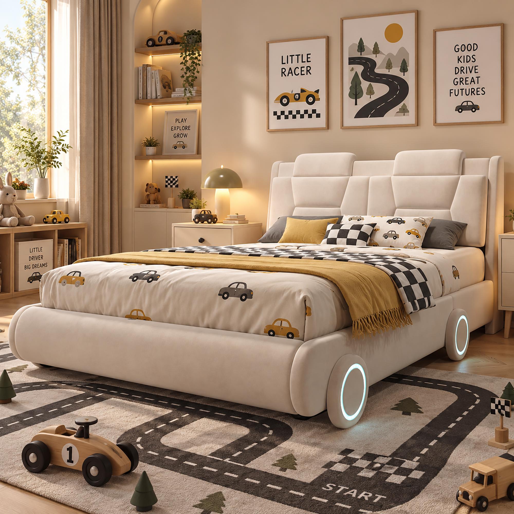 okwish Kinderbett 140×200 Polsterbett mit Matratze,LED Rädern und verstellbarem Kopfteil,Einzelbett mit gepolsterter Rückenlehne,Beige