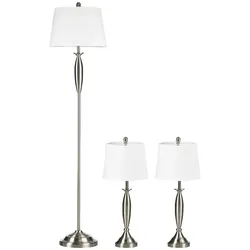 STILVORA Stehlampen Set 38x38x162 cm mit 2 Tischlampen E27 Fußschalter Kippschalter Stoffschirm Silber für Wohnzimmer Schlafzimmer