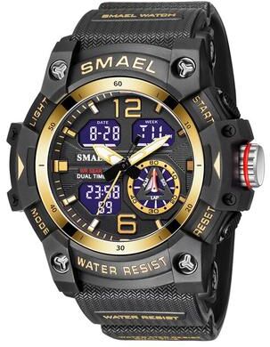 Quick Pick Pro SMAEL Tactical Dual Display Military Sport Watch For Men Waterproof LED Chronograph black Gold
