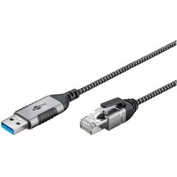 Goobay Ethernet-Kabel USB-A 3.0 auf RJ45, Slim, 15 m (USB 3.0, RJ45 (1x)), Netzwerk Adapter, Schwarz, Silber